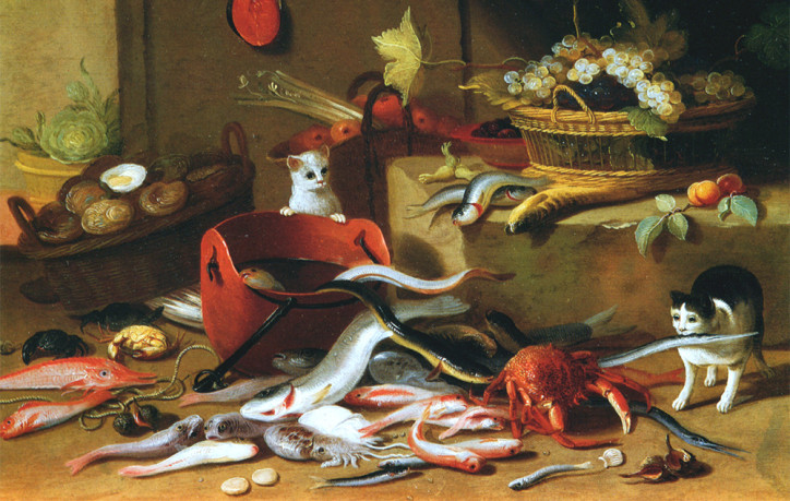 Cats with a still life of marine animals, fruit and vegetables